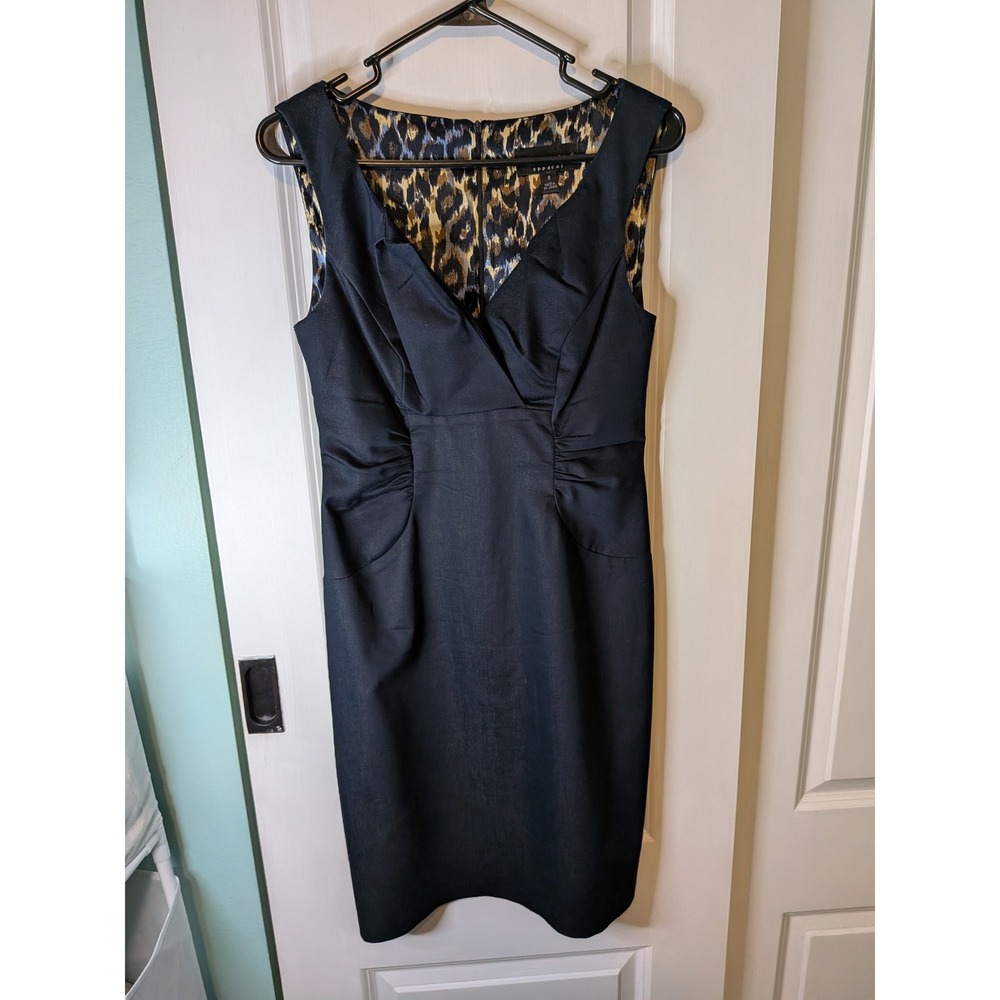 Connected Apparel Black Sheath Dress Surplice V-Neck Leopard Lining Size 6